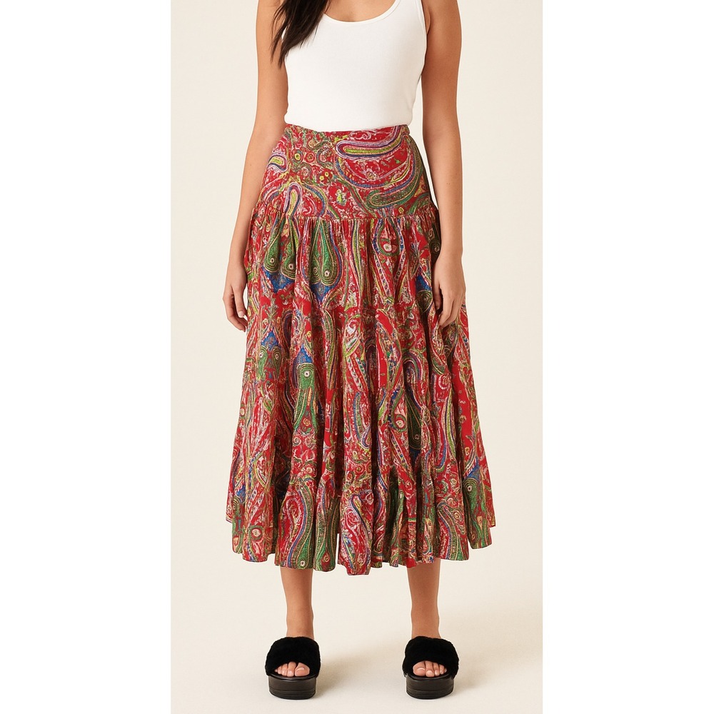 Lauren by Ralph Lauren Red Paisley Tiered Midi Maxi Full Length Skirt Size Large - Picture 1 of 9